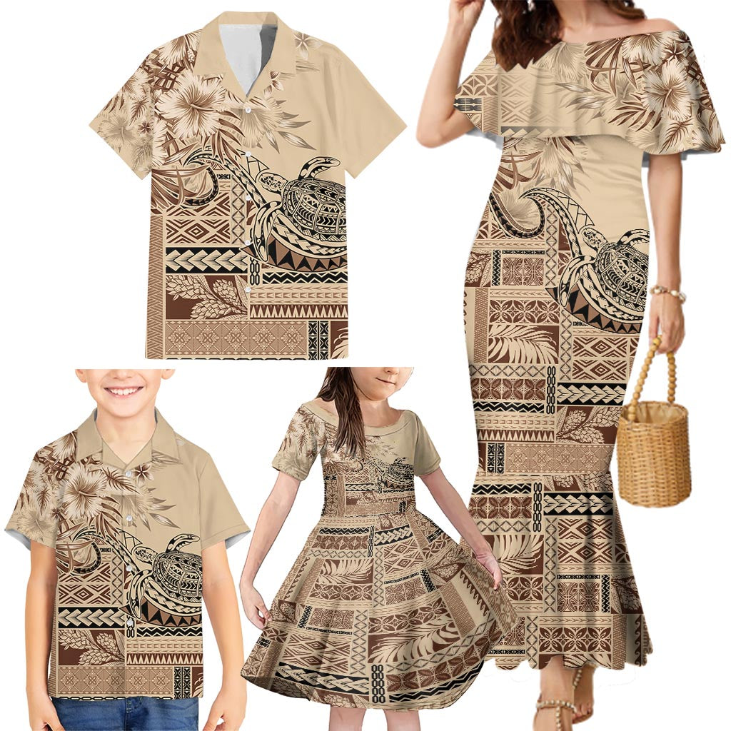 Vaiaso o le Gagana Samoa Family Matching Mermaid Dress and Hawaiian Shirt Siapo Motif Beige LT7 - Polynesian Pride