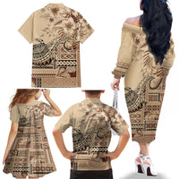 Vaiaso o le Gagana Samoa Family Matching Off The Shoulder Long Sleeve Dress and Hawaiian Shirt Siapo Motif Beige LT7 - Polynesian Pride