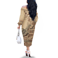 Vaiaso o le Gagana Samoa Family Matching Off The Shoulder Long Sleeve Dress and Hawaiian Shirt Siapo Motif Beige LT7 - Polynesian Pride