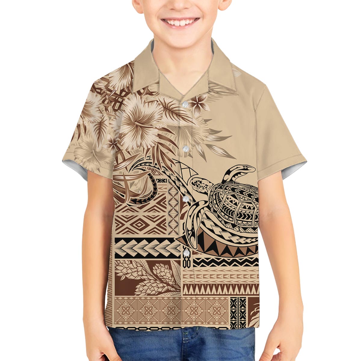 Vaiaso o le Gagana Samoa Family Matching Off The Shoulder Long Sleeve Dress and Hawaiian Shirt Siapo Motif Beige LT7 Son's Shirt Beige - Polynesian Pride