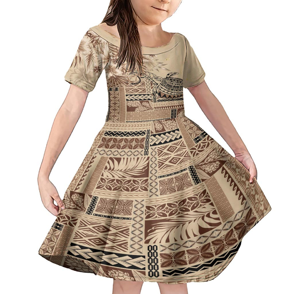 Vaiaso o le Gagana Samoa Family Matching Off Shoulder Short Dress and Hawaiian Shirt Siapo Motif Beige LT7 Daughter's Dress Beige - Polynesian Pride