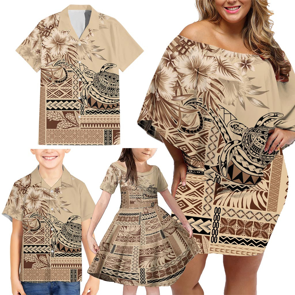 Vaiaso o le Gagana Samoa Family Matching Off Shoulder Short Dress and Hawaiian Shirt Siapo Motif Beige LT7 - Polynesian Pride