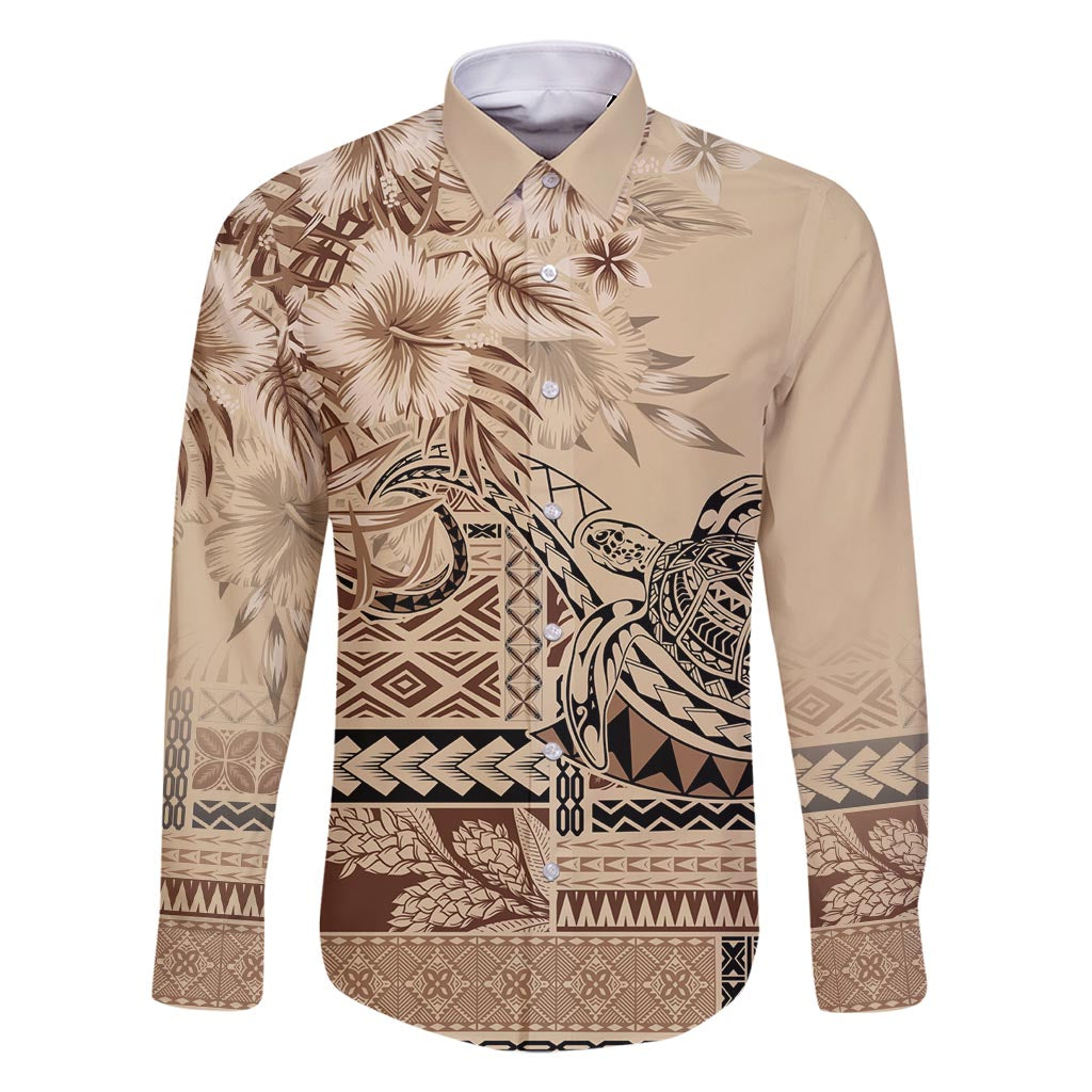 Vaiaso o le Gagana Samoa Family Matching Off Shoulder Short Dress and Hawaiian Shirt Siapo Motif Beige LT7 Dad's Shirt - Long Sleeve Beige - Polynesian Pride
