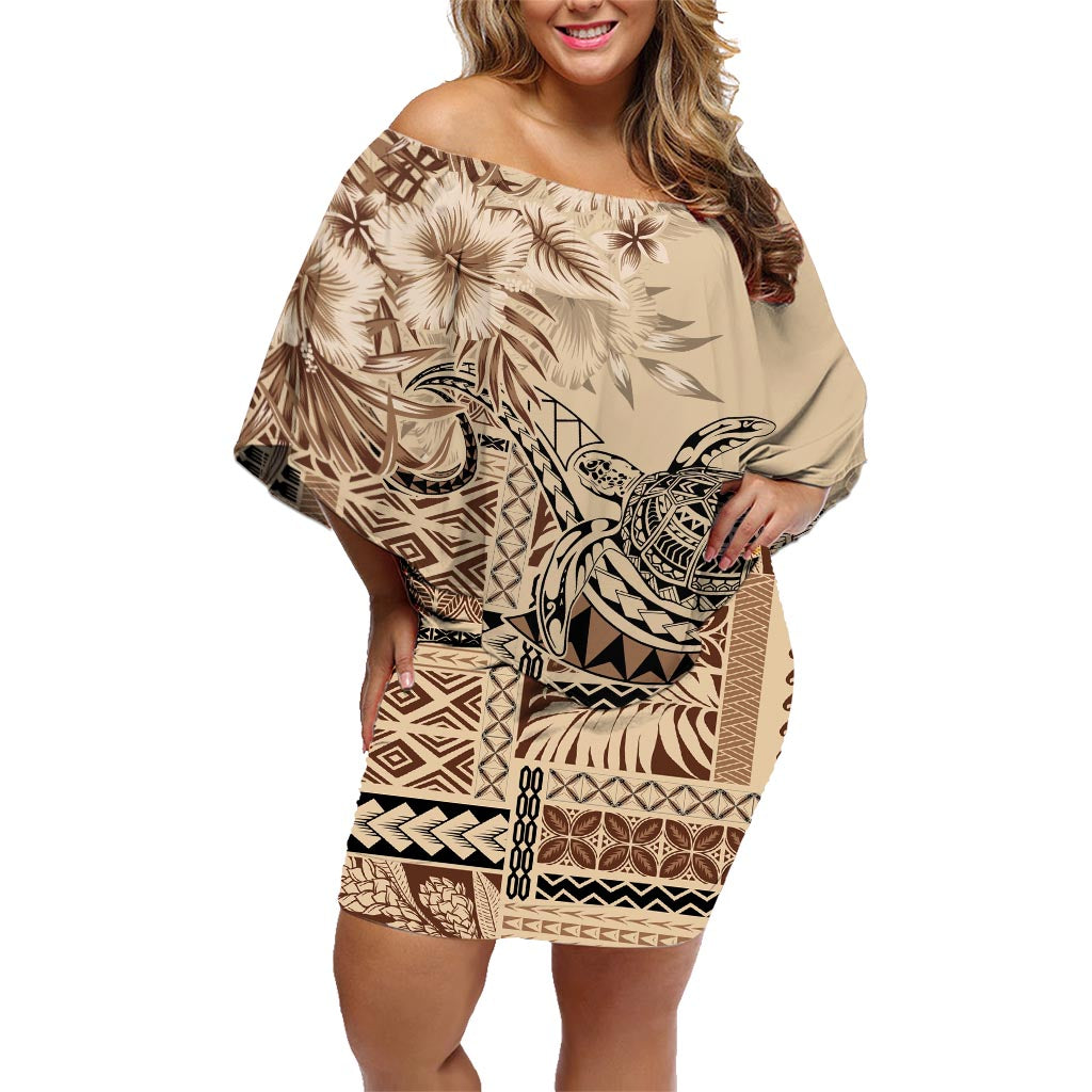 Vaiaso o le Gagana Samoa Family Matching Off Shoulder Short Dress and Hawaiian Shirt Siapo Motif Beige LT7 Mom's Dress Beige - Polynesian Pride