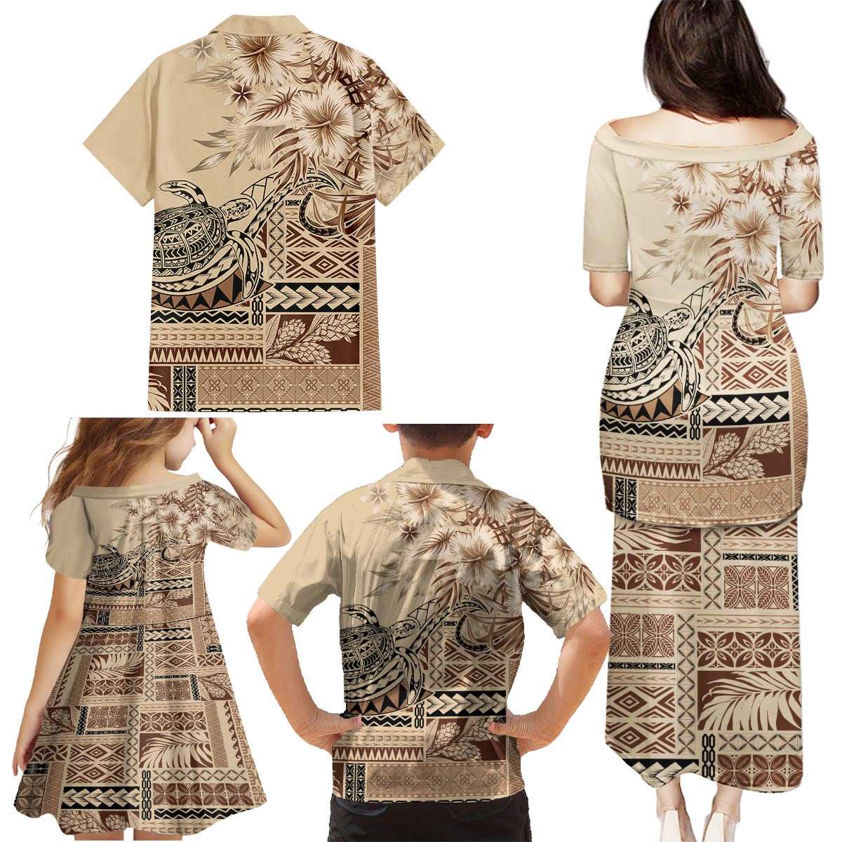 Vaiaso o le Gagana Samoa Family Matching Puletasi and Hawaiian Shirt Siapo Motif Beige LT7 - Polynesian Pride