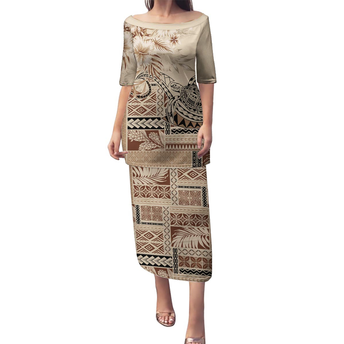 Vaiaso o le Gagana Samoa Family Matching Puletasi and Hawaiian Shirt Siapo Motif Beige LT7 Mom's Dress Beige - Polynesian Pride