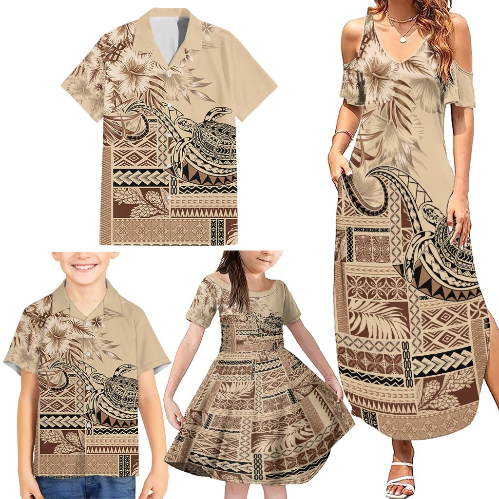 Vaiaso o le Gagana Samoa Family Matching Summer Maxi Dress and Hawaiian Shirt Siapo Motif Beige LT7 - Polynesian Pride