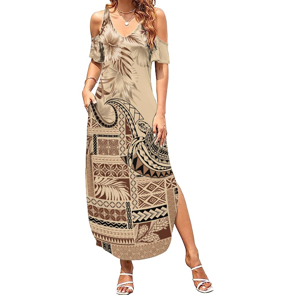 Vaiaso o le Gagana Samoa Family Matching Summer Maxi Dress and Hawaiian Shirt Siapo Motif Beige LT7 Mom's Dress Beige - Polynesian Pride