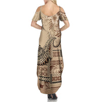 Vaiaso o le Gagana Samoa Family Matching Summer Maxi Dress and Hawaiian Shirt Siapo Motif Beige LT7 - Polynesian Pride