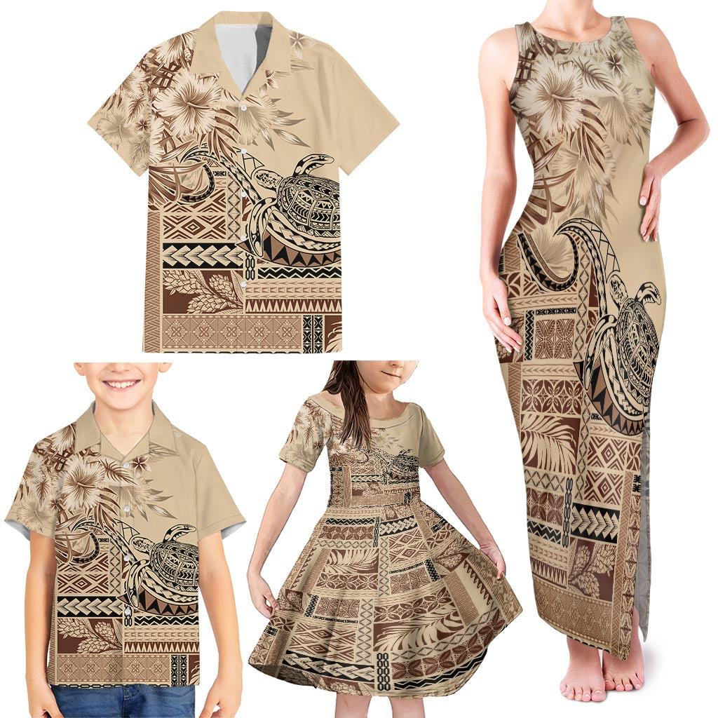 Vaiaso o le Gagana Samoa Family Matching Tank Maxi Dress and Hawaiian Shirt Siapo Motif Beige LT7 - Polynesian Pride