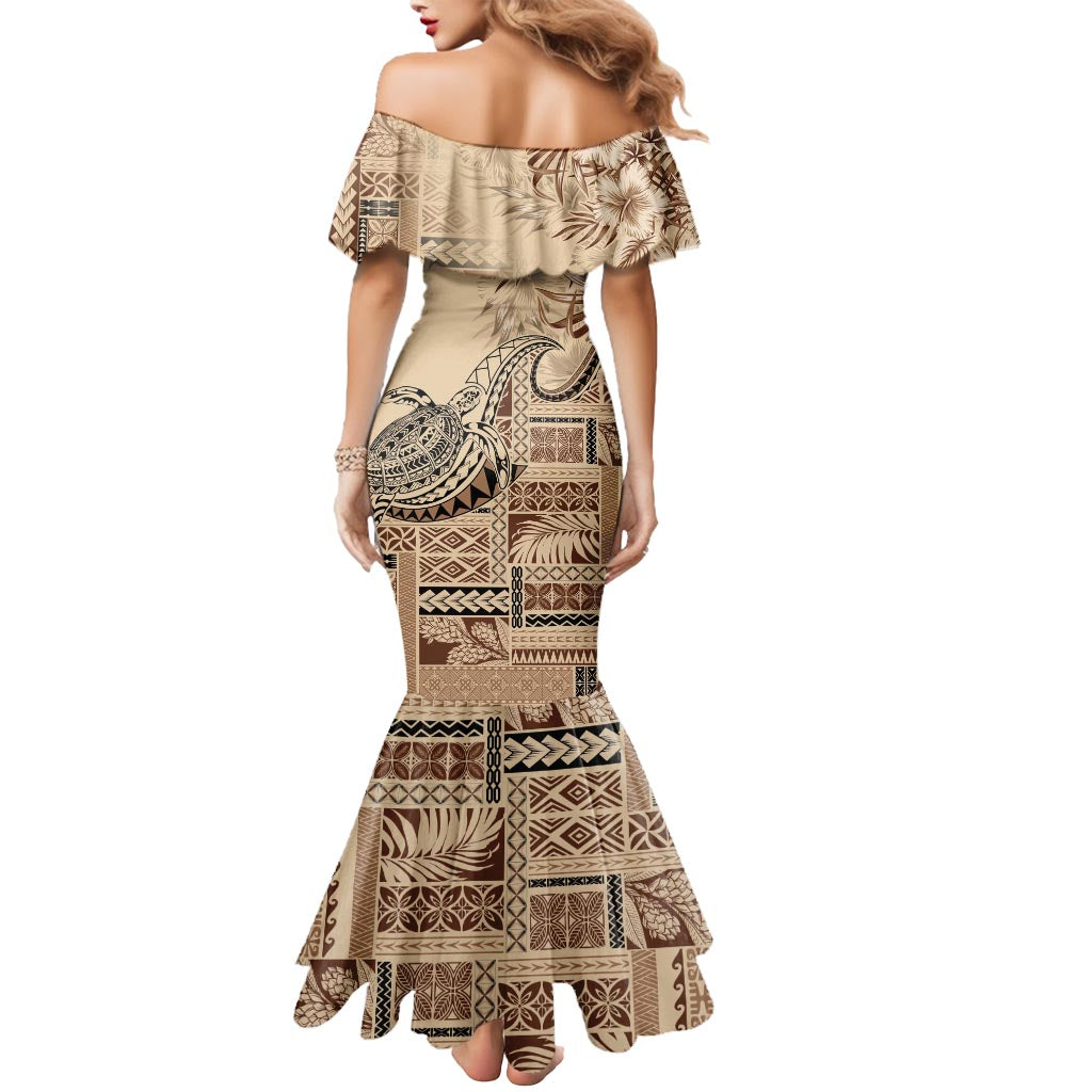 Vaiaso o le Gagana Samoa Mermaid Dress Siapo Motif Beige
