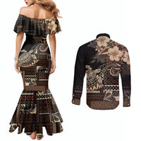 Vaiaso o le Gagana Samoa Couples Matching Mermaid Dress and Long Sleeve Button Shirt Siapo Motif Black