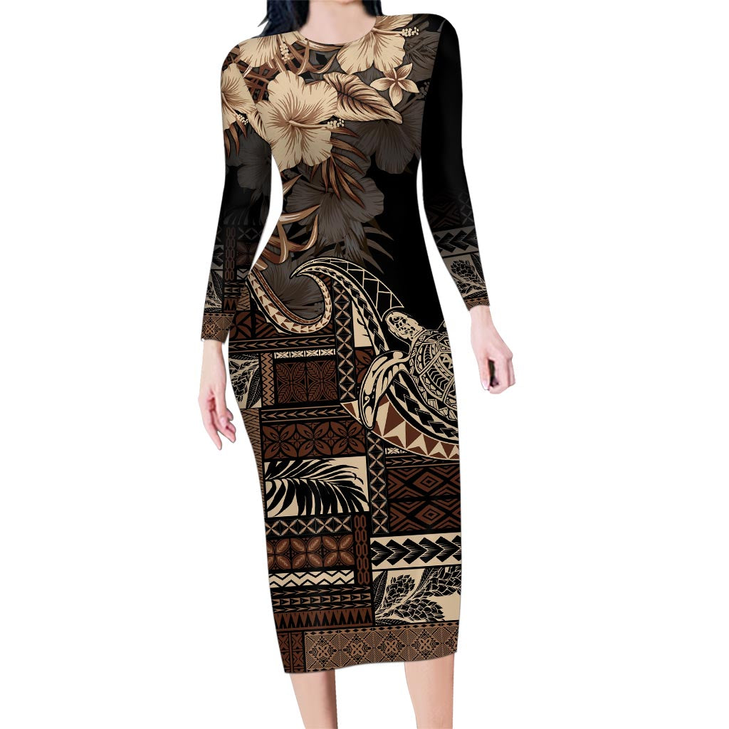 Vaiaso o le Gagana Samoa Family Matching Long Sleeve Bodycon Dress and Hawaiian Shirt Siapo Motif Black LT7 Mom's Dress Black - Polynesian Pride