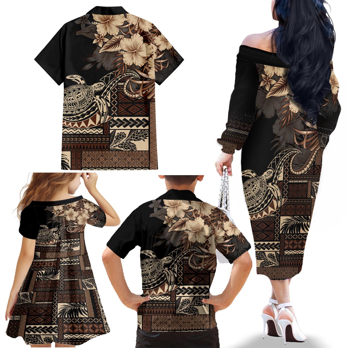 Vaiaso o le Gagana Samoa Family Matching Off The Shoulder Long Sleeve Dress and Hawaiian Shirt Siapo Motif Black LT7 - Polynesian Pride