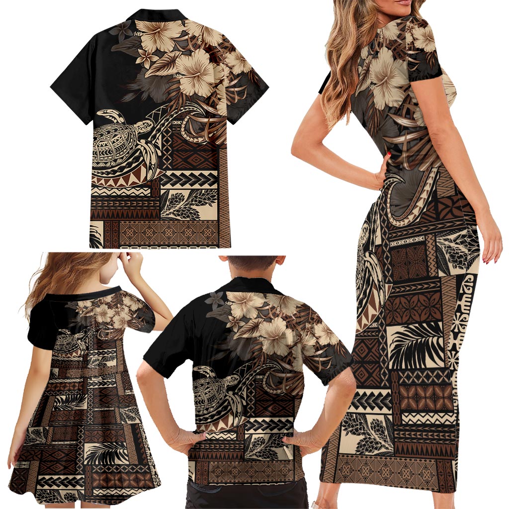 Vaiaso o le Gagana Samoa Family Matching Short Sleeve Bodycon Dress and Hawaiian Shirt Siapo Motif Black LT7 - Polynesian Pride