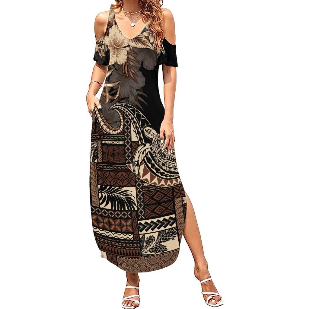 Vaiaso o le Gagana Samoa Family Matching Summer Maxi Dress and Hawaiian Shirt Siapo Motif Black LT7 Mom's Dress Black - Polynesian Pride