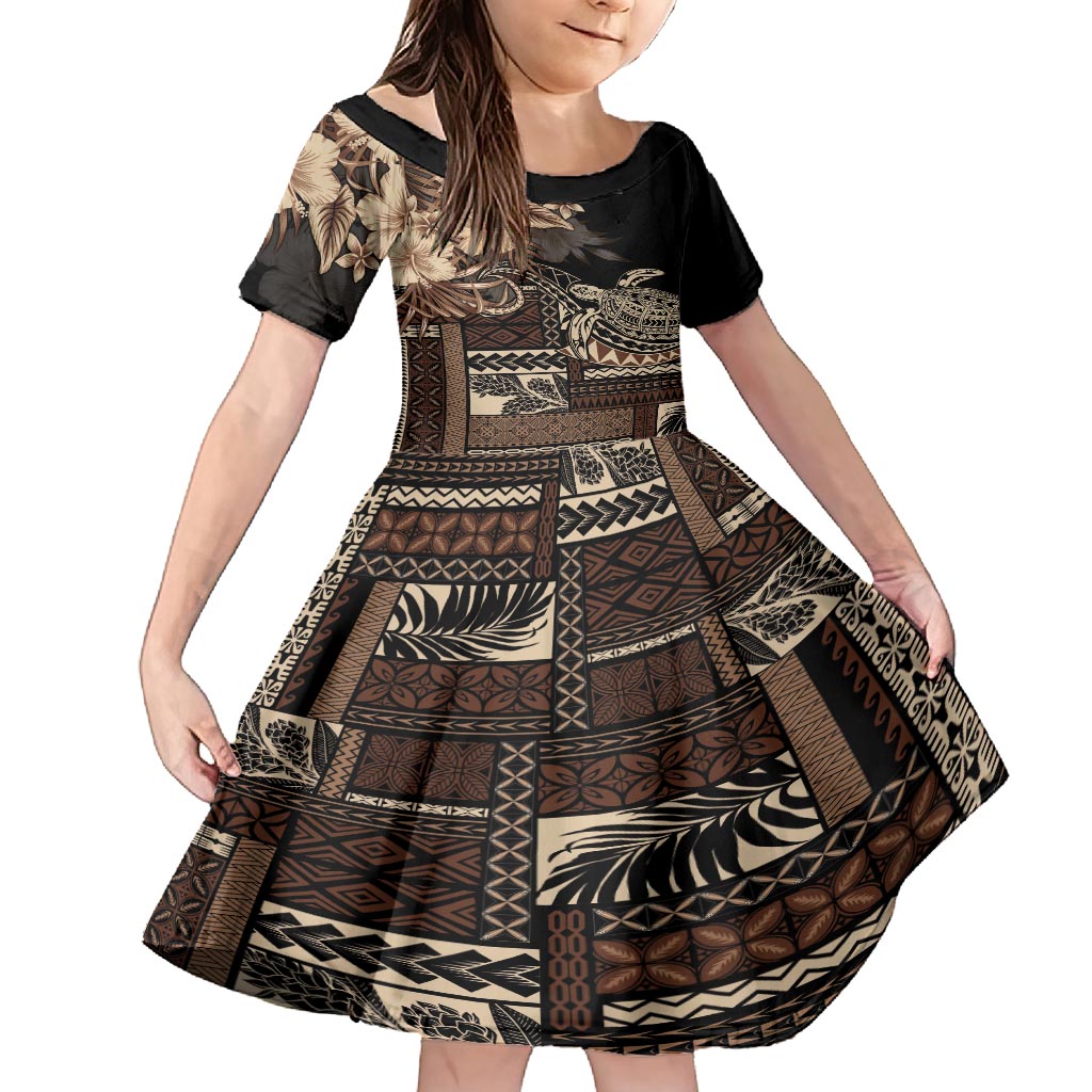 Vaiaso o le Gagana Samoa Family Matching Tank Maxi Dress and Hawaiian Shirt Siapo Motif Black LT7 Daughter's Dress Black - Polynesian Pride