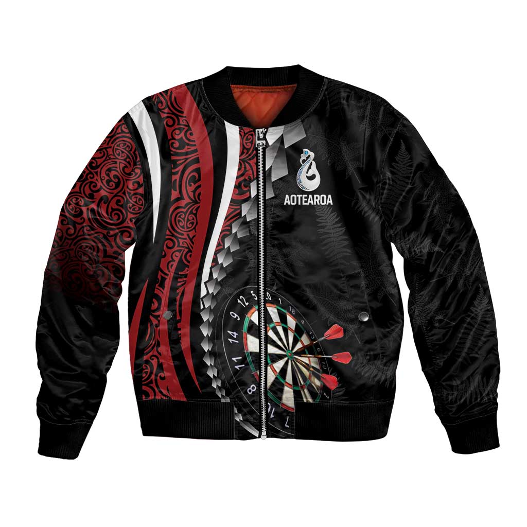 Personalized New Zealand Darts Bomber Jacket Kowhaiwhai Whero Koiri - Manaia LT7 Unisex Red - Polynesian Pride