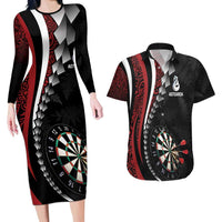 Personalized New Zealand Darts Couples Matching Long Sleeve Bodycon Dress and Hawaiian Shirt Kowhaiwhai Whero Koiri - Manaia LT7 Red - Polynesian Pride