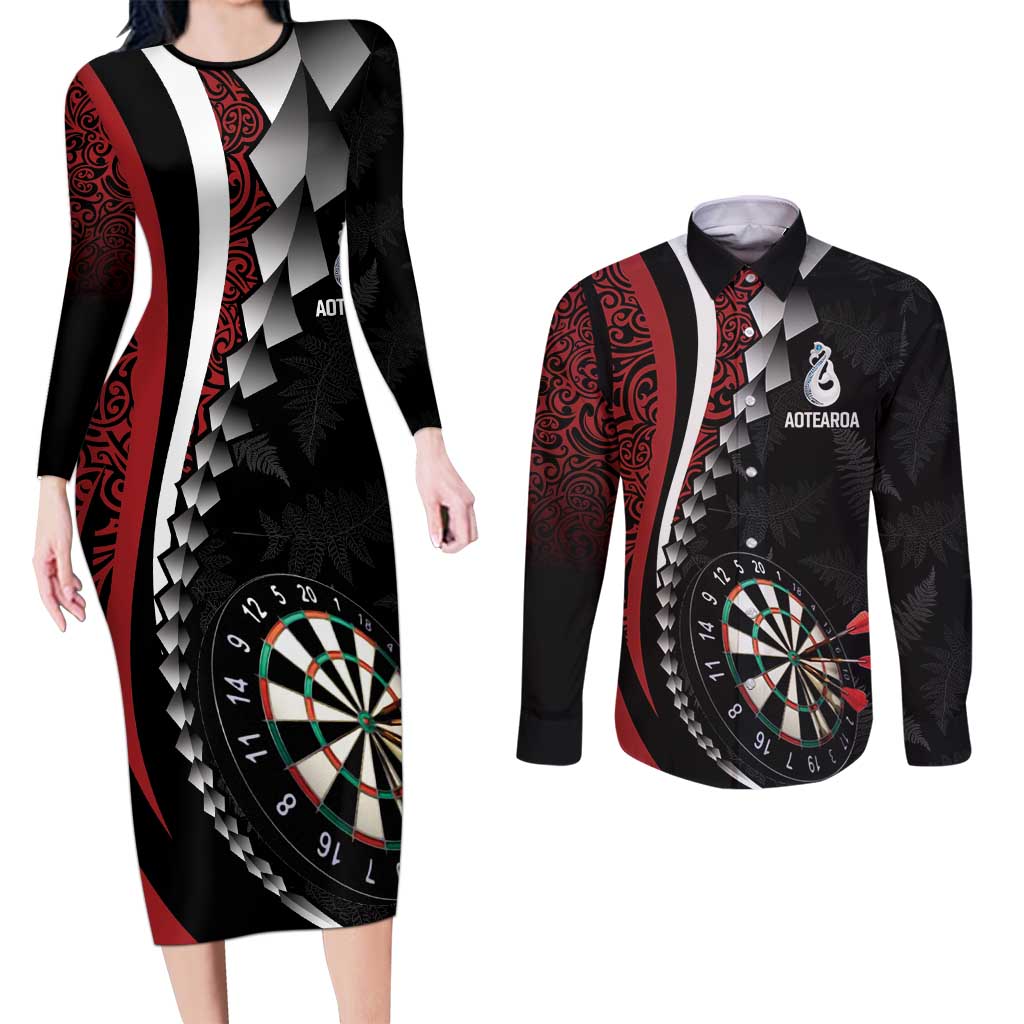 Personalized New Zealand Darts Couples Matching Long Sleeve Bodycon Dress and Long Sleeve Button Shirt Kowhaiwhai Whero Koiri - Manaia LT7 Red - Polynesian Pride