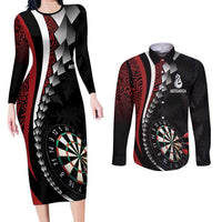 Personalized New Zealand Darts Couples Matching Long Sleeve Bodycon Dress and Long Sleeve Button Shirt Kowhaiwhai Whero Koiri - Manaia LT7 Red - Polynesian Pride