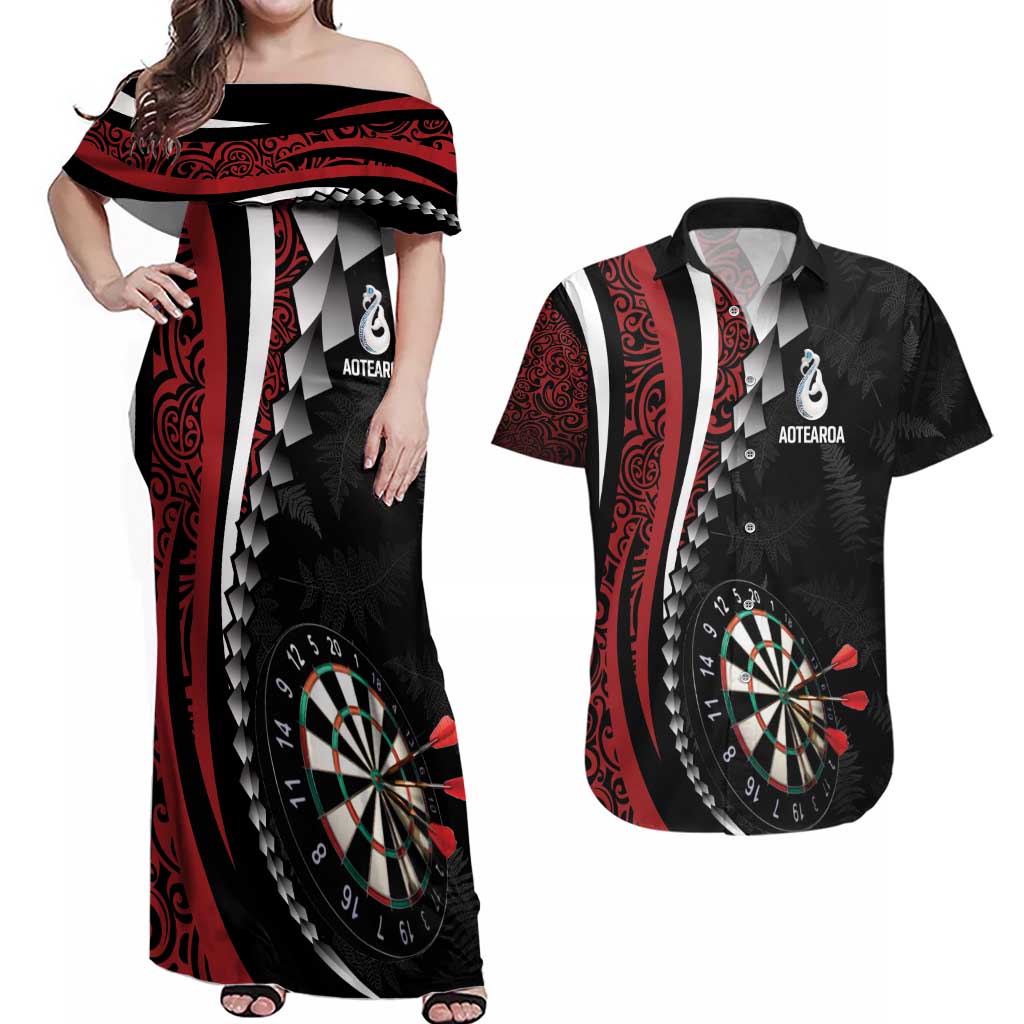 Personalized New Zealand Darts Couples Matching Off Shoulder Maxi Dress and Hawaiian Shirt Kowhaiwhai Whero Koiri - Manaia LT7 Red - Polynesian Pride