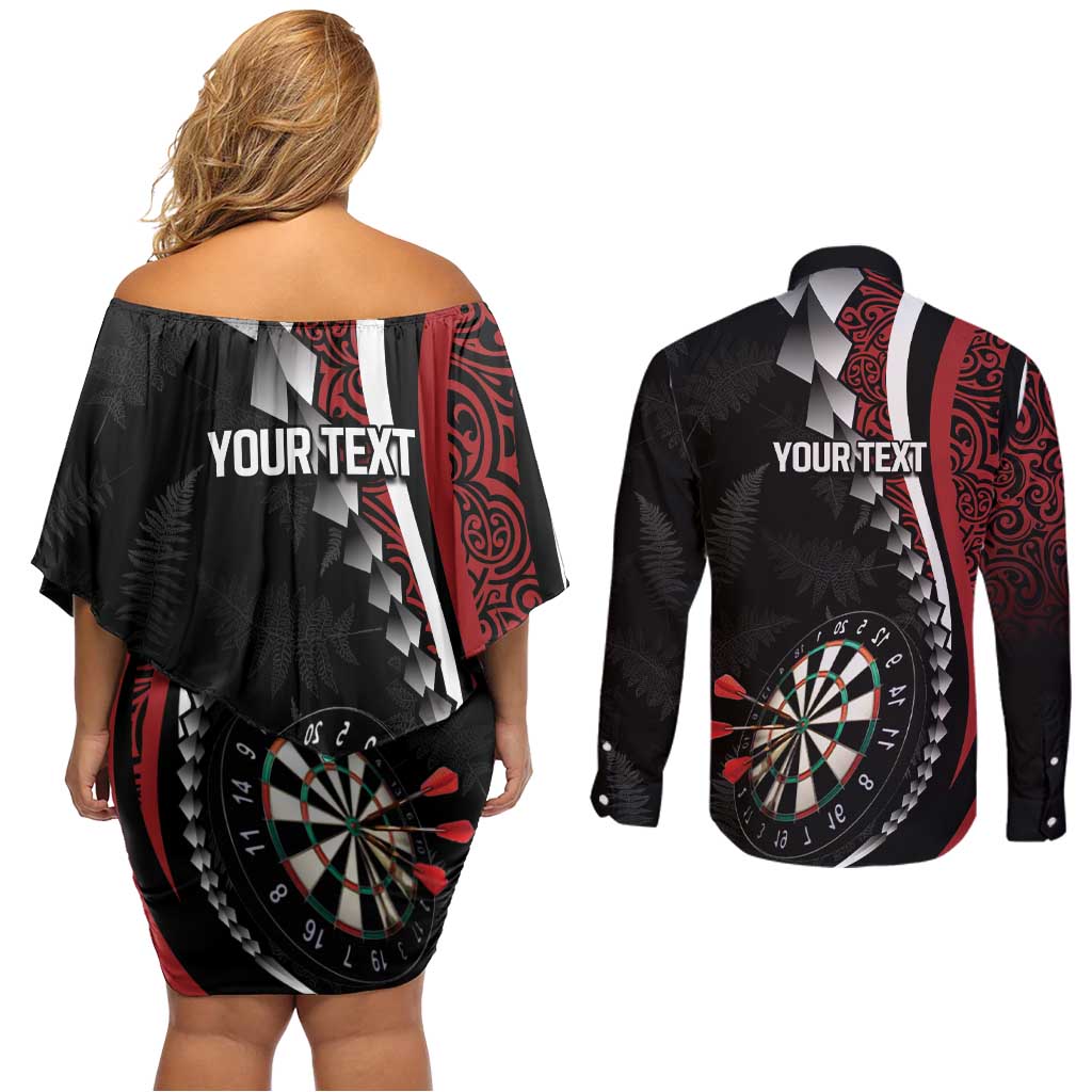 Personalized New Zealand Darts Couples Matching Off Shoulder Short Dress and Long Sleeve Button Shirt Kowhaiwhai Whero Koiri - Manaia LT7 - Polynesian Pride