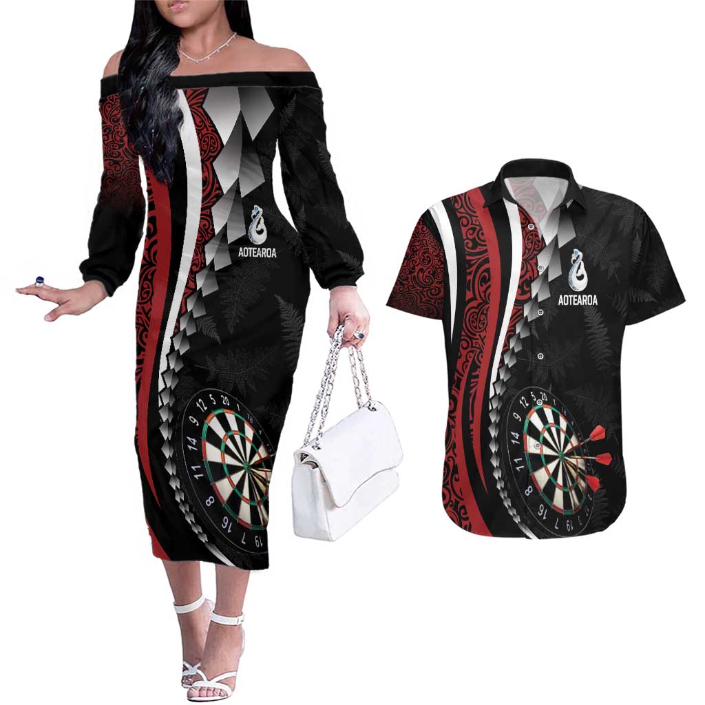 Personalized New Zealand Darts Couples Matching Off The Shoulder Long Sleeve Dress and Hawaiian Shirt Kowhaiwhai Whero Koiri - Manaia