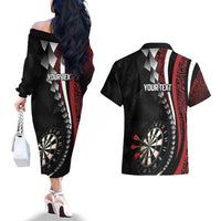 Personalized New Zealand Darts Couples Matching Off The Shoulder Long Sleeve Dress and Hawaiian Shirt Kowhaiwhai Whero Koiri - Manaia LT7 - Polynesian Pride