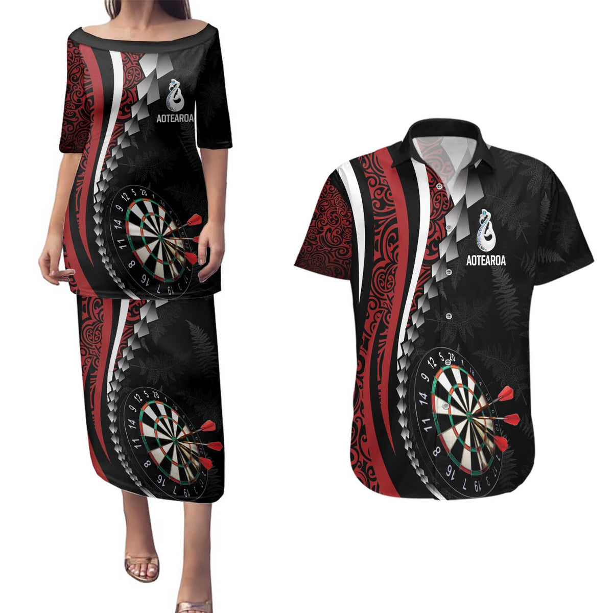 Personalized New Zealand Darts Couples Matching Puletasi and Hawaiian Shirt Kowhaiwhai Whero Koiri - Manaia LT7 Red - Polynesian Pride