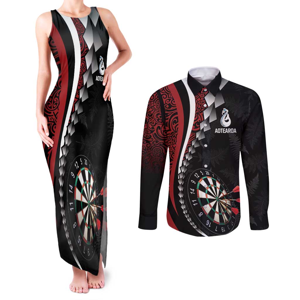 Personalized New Zealand Darts Couples Matching Tank Maxi Dress and Long Sleeve Button Shirt Kowhaiwhai Whero Koiri - Manaia LT7 Red - Polynesian Pride