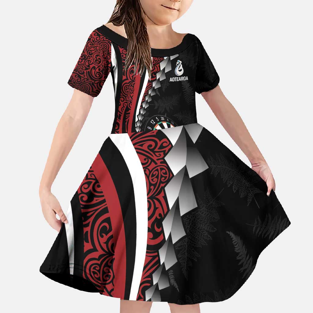 Personalized New Zealand Darts Family Matching Long Sleeve Bodycon Dress and Hawaiian Shirt Kowhaiwhai Whero Koiri - Manaia LT7 Daughter's Dress Red - Polynesian Pride