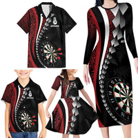 Personalized New Zealand Darts Family Matching Long Sleeve Bodycon Dress and Hawaiian Shirt Kowhaiwhai Whero Koiri - Manaia LT7 - Polynesian Pride