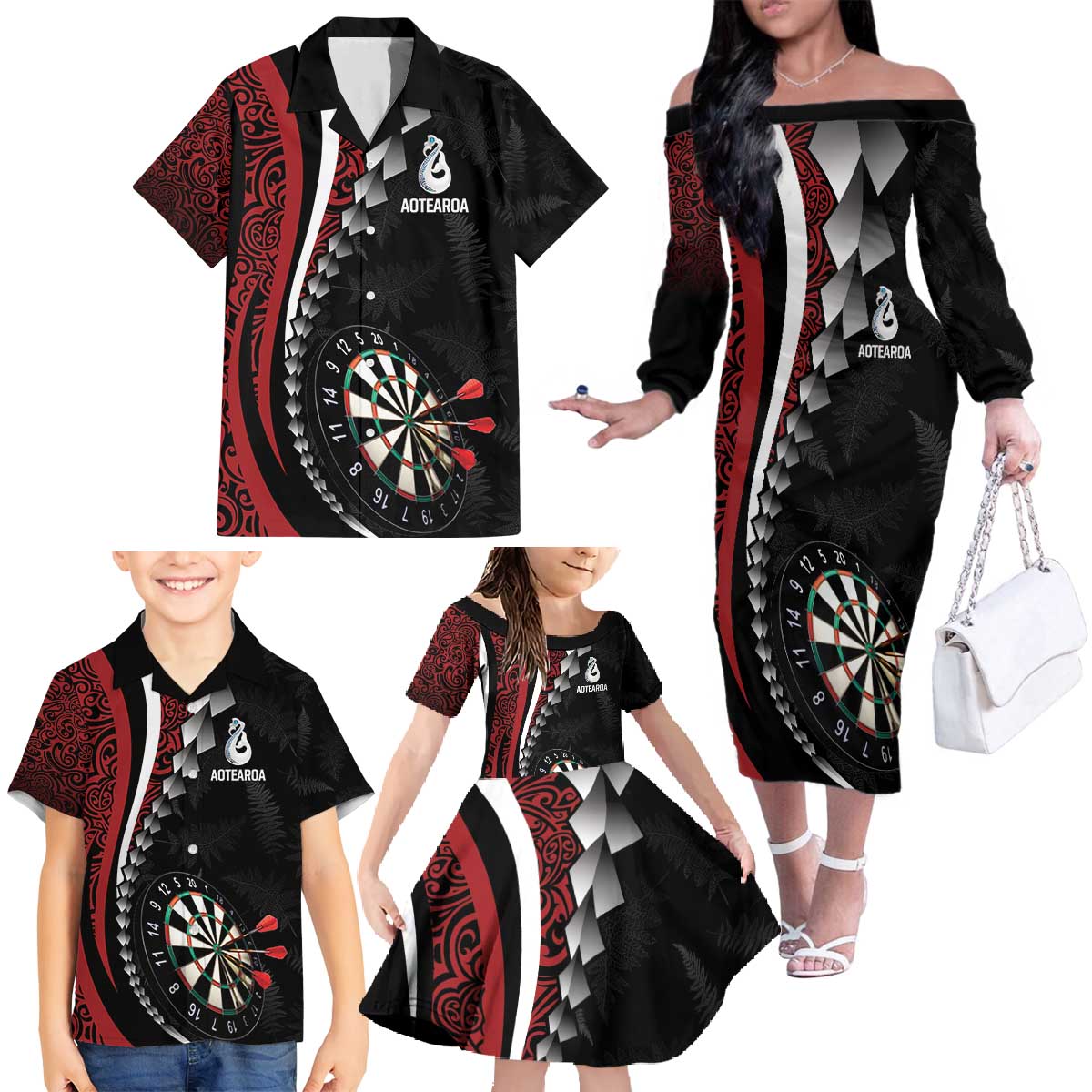 Personalized New Zealand Darts Family Matching Off The Shoulder Long Sleeve Dress and Hawaiian Shirt Kowhaiwhai Whero Koiri - Manaia LT7 - Polynesian Pride