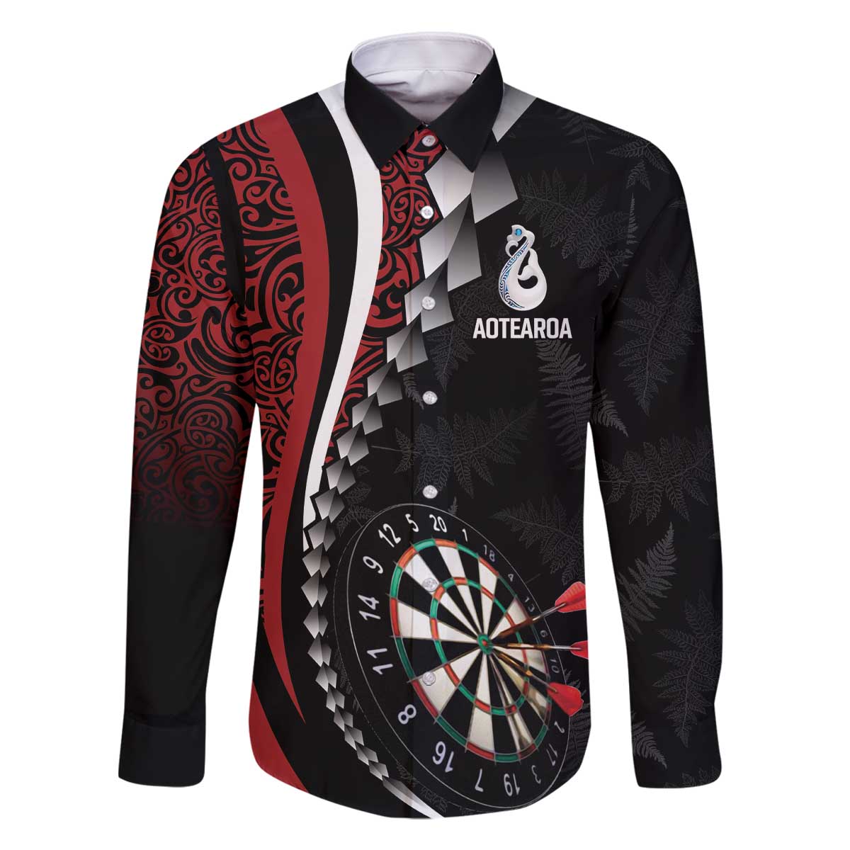 Personalized New Zealand Darts Family Matching Off The Shoulder Long Sleeve Dress and Hawaiian Shirt Kowhaiwhai Whero Koiri - Manaia LT7 Dad's Shirt - Long Sleeve Red - Polynesian Pride