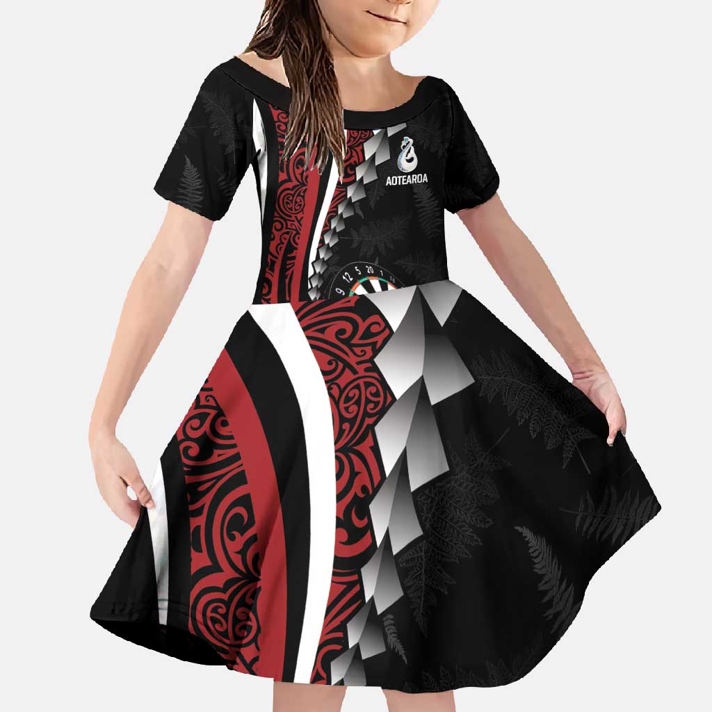Personalized New Zealand Darts Family Matching Off Shoulder Maxi Dress and Hawaiian Shirt Kowhaiwhai Whero Koiri - Manaia LT7 Daughter's Dress Red - Polynesian Pride