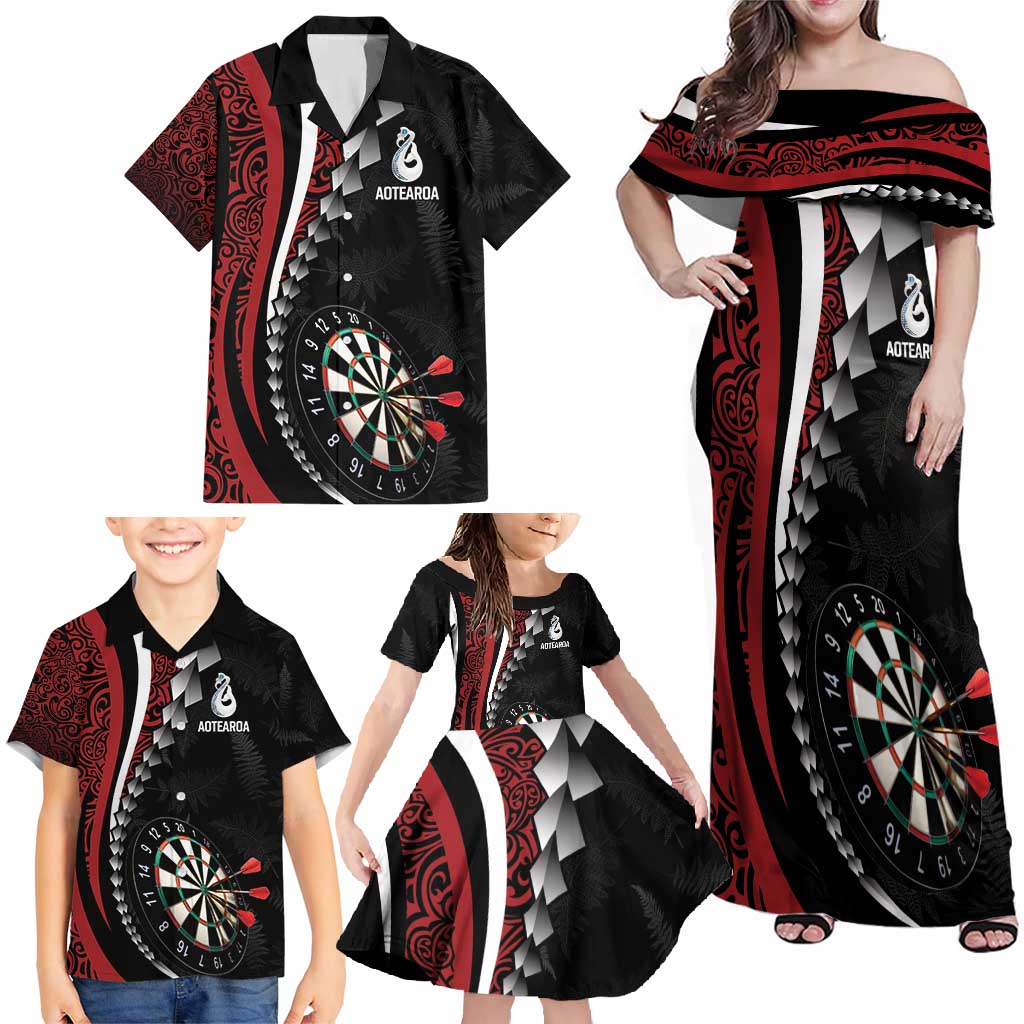 Personalized New Zealand Darts Family Matching Off Shoulder Maxi Dress and Hawaiian Shirt Kowhaiwhai Whero Koiri - Manaia LT7 - Polynesian Pride