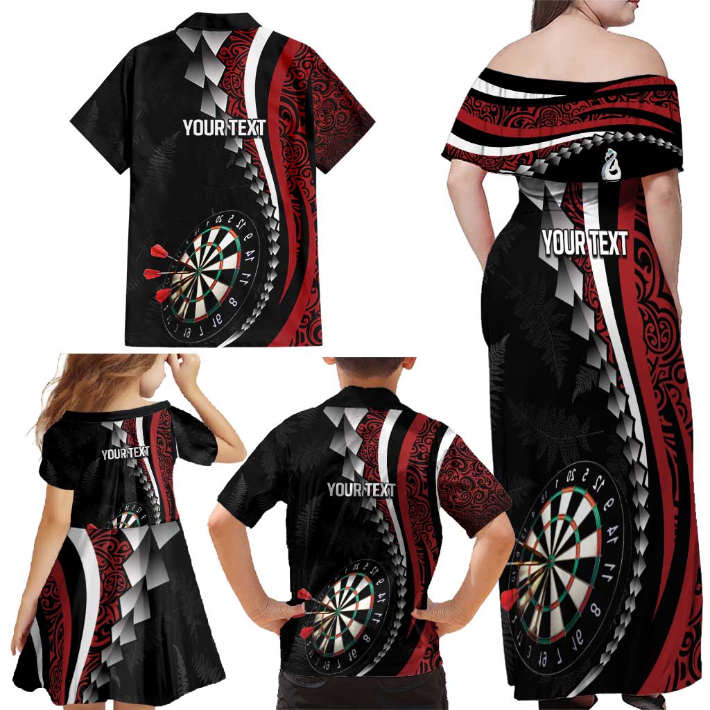 Personalized New Zealand Darts Family Matching Off Shoulder Maxi Dress and Hawaiian Shirt Kowhaiwhai Whero Koiri - Manaia LT7 - Polynesian Pride