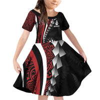 Personalized New Zealand Darts Family Matching Off Shoulder Short Dress and Hawaiian Shirt Kowhaiwhai Whero Koiri - Manaia LT7 Daughter's Dress Red - Polynesian Pride