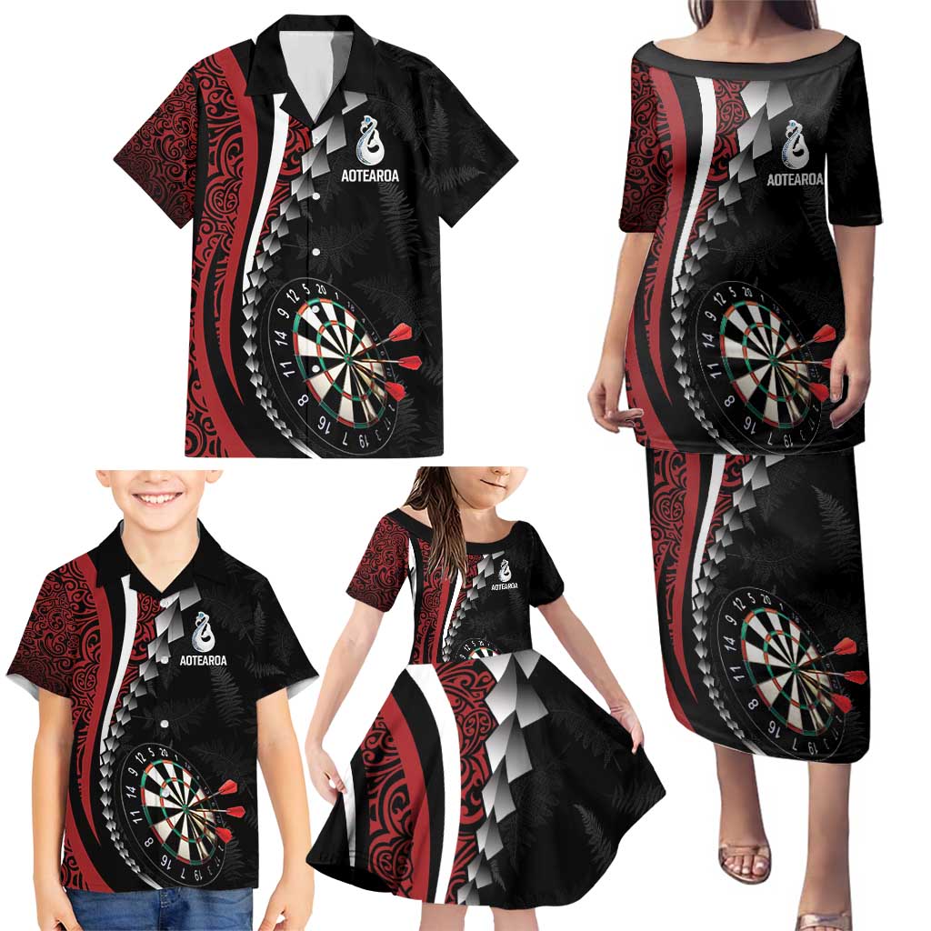 Personalized New Zealand Darts Family Matching Puletasi and Hawaiian Shirt Kowhaiwhai Whero Koiri - Manaia LT7 - Polynesian Pride