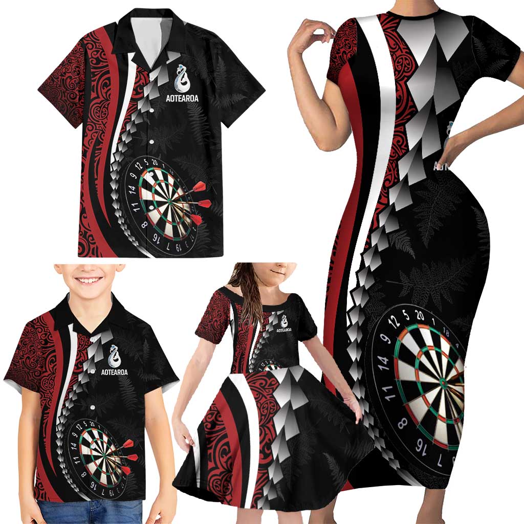 Personalized New Zealand Darts Family Matching Short Sleeve Bodycon Dress and Hawaiian Shirt Kowhaiwhai Whero Koiri - Manaia LT7 - Polynesian Pride