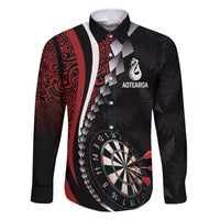 Personalized New Zealand Darts Family Matching Summer Maxi Dress and Hawaiian Shirt Kowhaiwhai Whero Koiri - Manaia LT7 Dad's Shirt - Long Sleeve Red - Polynesian Pride