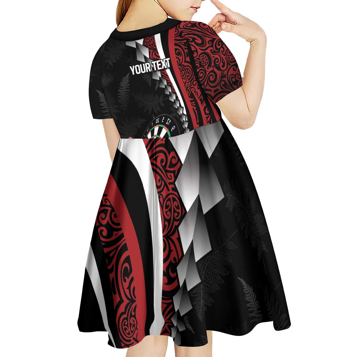 Personalized New Zealand Darts Kid Short Sleeve Dress Kowhaiwhai Whero Koiri - Manaia