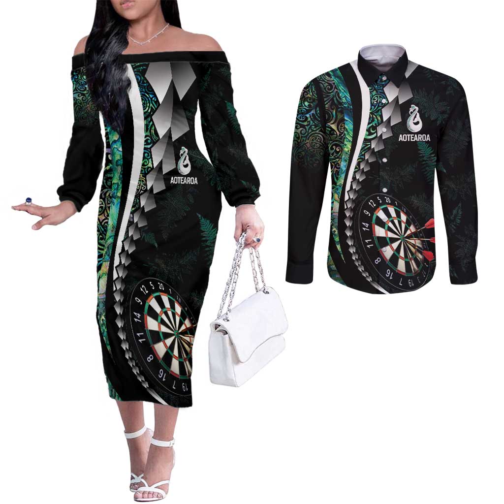 Personalized New Zealand Darts Couples Matching Off The Shoulder Long Sleeve Dress and Long Sleeve Button Shirt Paua Shell Koiri - Manaia