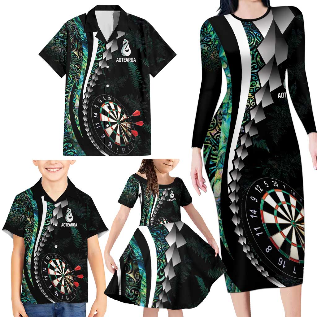 Personalized New Zealand Darts Family Matching Long Sleeve Bodycon Dress and Hawaiian Shirt Paua Shell Koiri - Manaia LT7 - Polynesian Pride