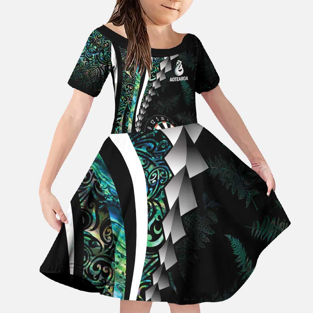 Personalized New Zealand Darts Family Matching Mermaid Dress and Hawaiian Shirt Paua Shell Koiri - Manaia LT7 Daughter's Dress Green - Polynesian Pride