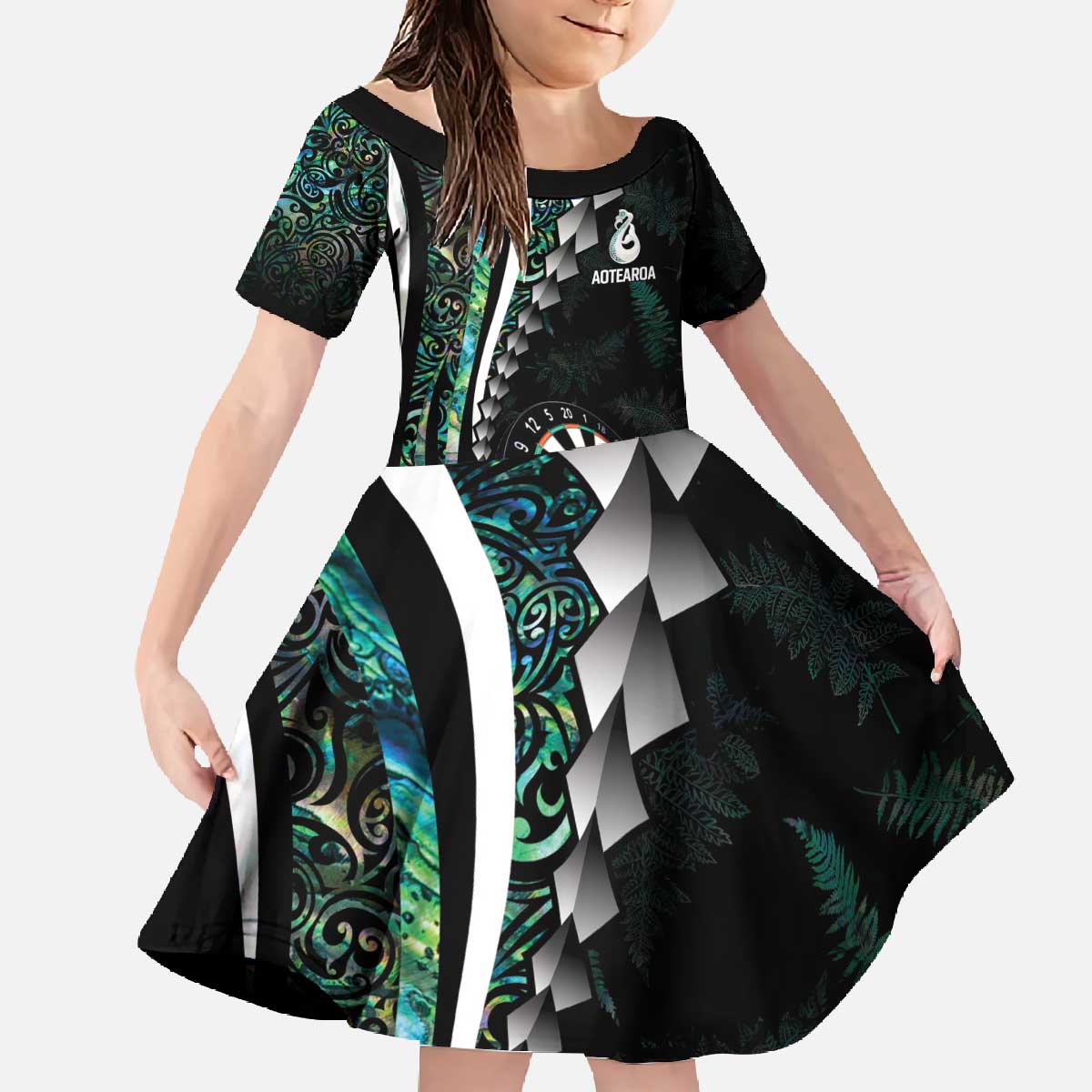 Personalized New Zealand Darts Family Matching Off The Shoulder Long Sleeve Dress and Hawaiian Shirt Paua Shell Koiri - Manaia LT7 Daughter's Dress Green - Polynesian Pride