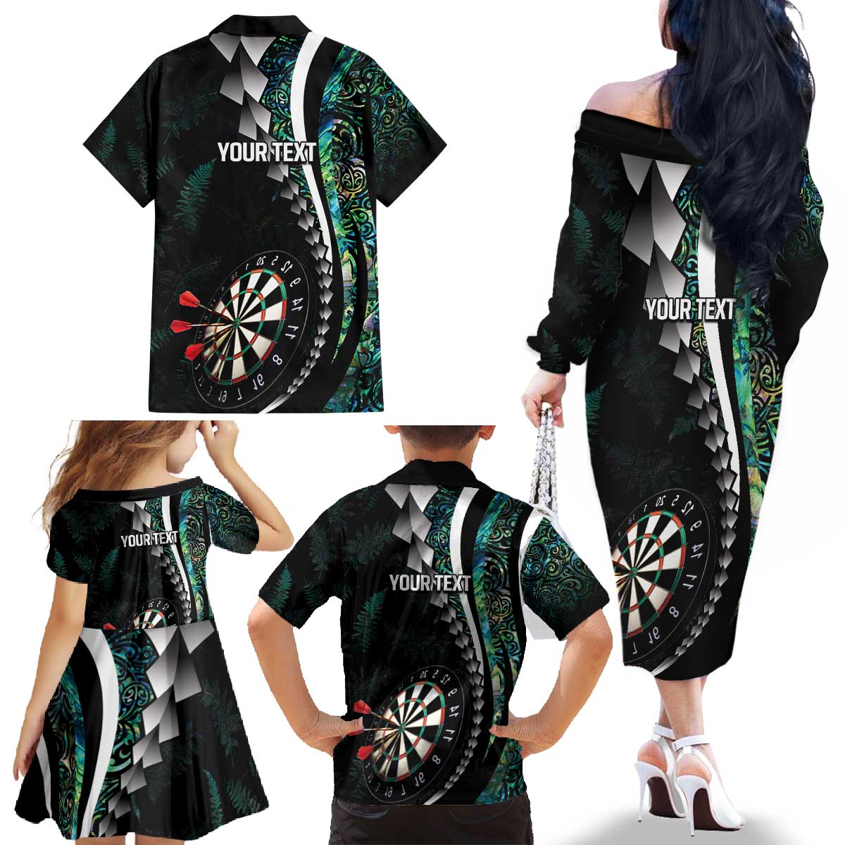 Personalized New Zealand Darts Family Matching Off The Shoulder Long Sleeve Dress and Hawaiian Shirt Paua Shell Koiri - Manaia LT7 - Polynesian Pride