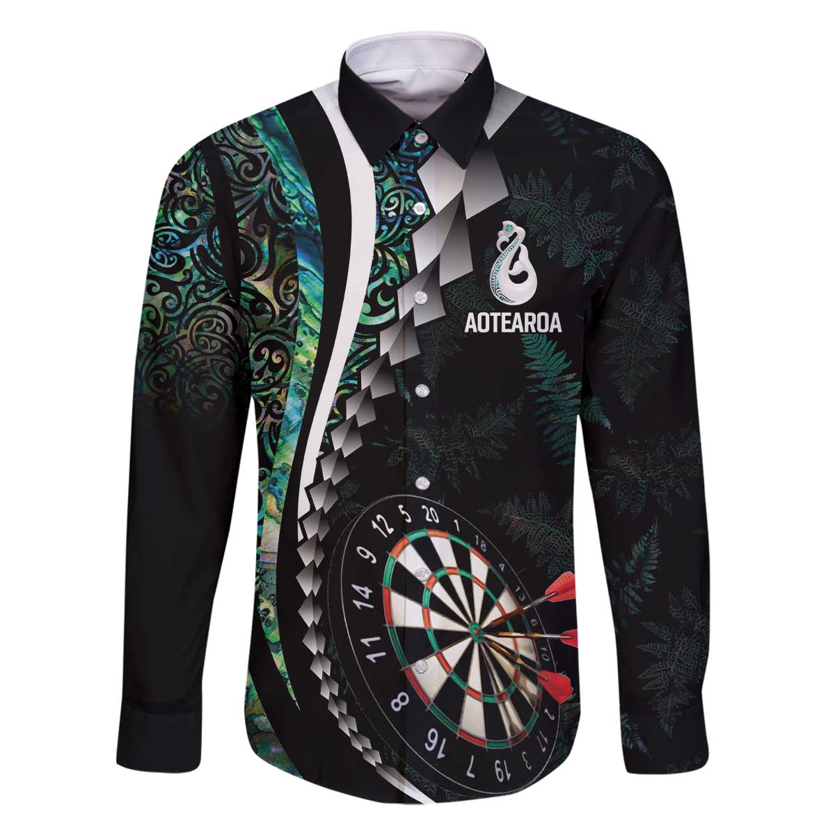 Personalized New Zealand Darts Family Matching Off The Shoulder Long Sleeve Dress and Hawaiian Shirt Paua Shell Koiri - Manaia LT7 Dad's Shirt - Long Sleeve Green - Polynesian Pride