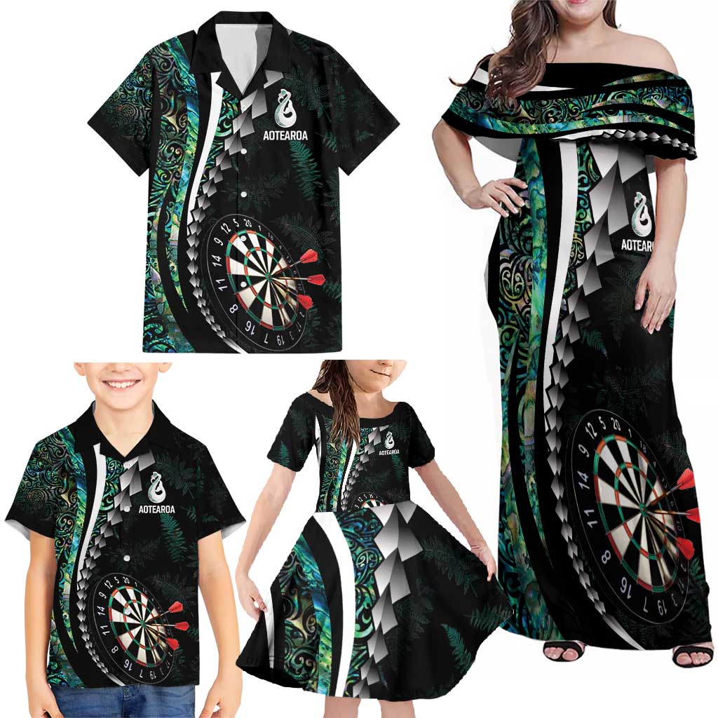 Personalized New Zealand Darts Family Matching Off Shoulder Maxi Dress and Hawaiian Shirt Paua Shell Koiri - Manaia LT7 - Polynesian Pride